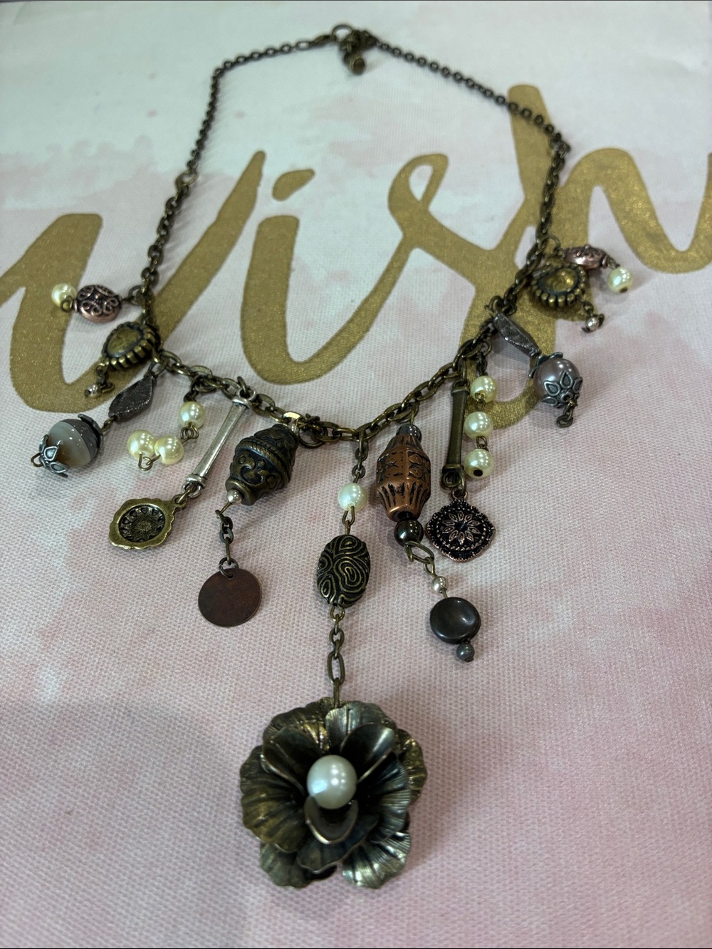 Antique Brass Floral Pearl Charm Necklace - Women's Jewelry